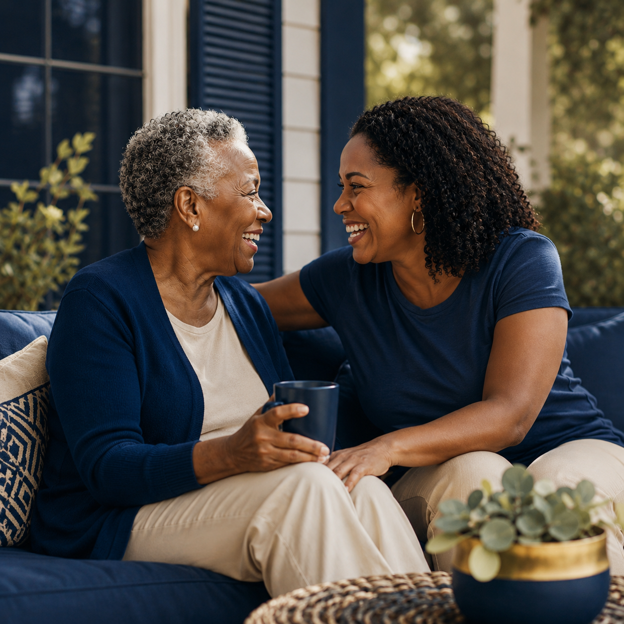 An elderly woman and a middle-aged woman sit close together on a porch, smiling and sharing a moment of joy. The elderly woman holds a mug, and both are wearing blue tops, with a potted plant in the foreground.