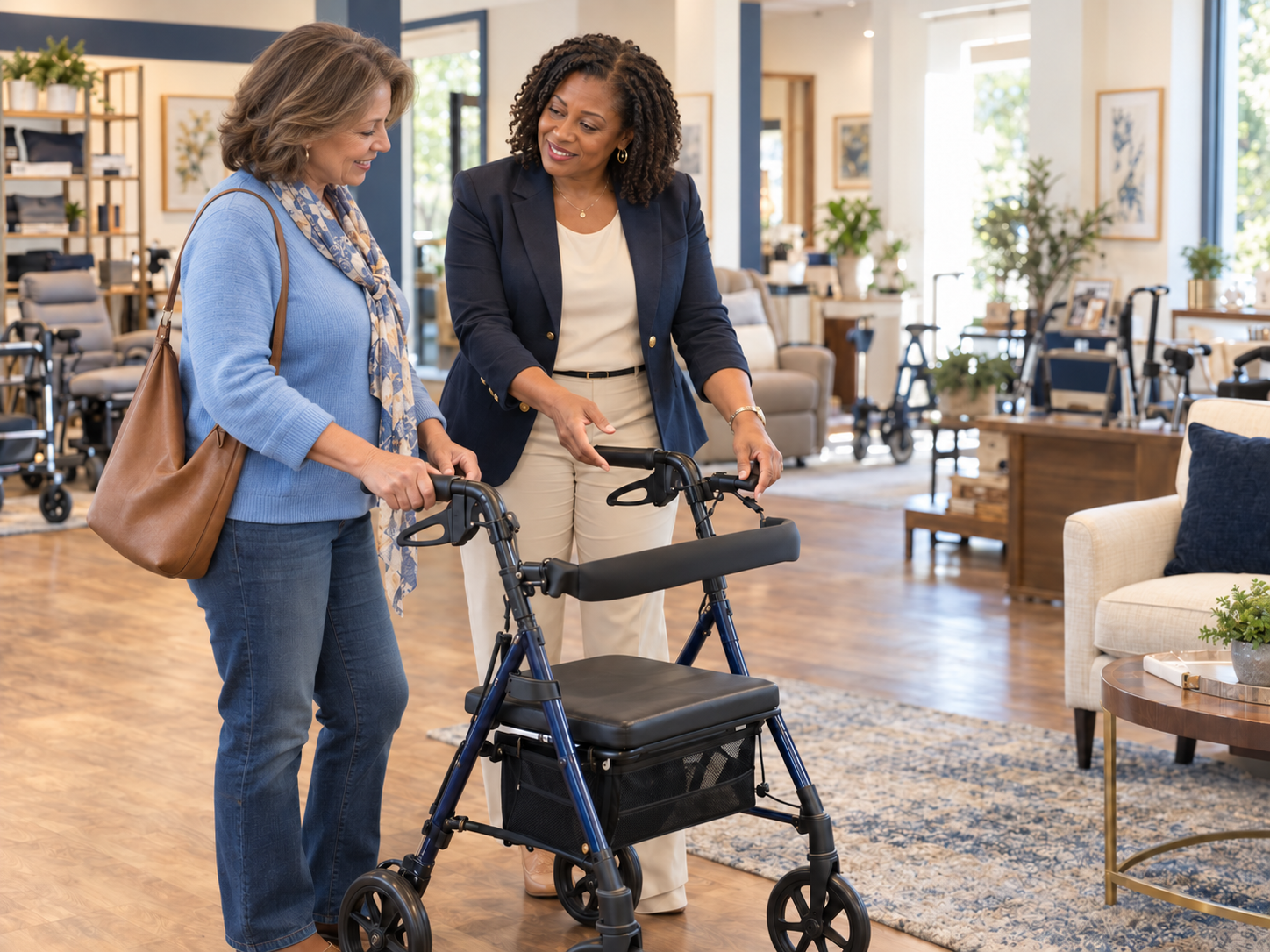 Two women in a furniture store, one is assisting the other with a walker, both smiling and engaged in conversation.