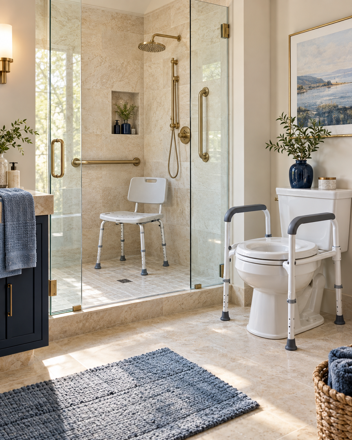 A modern, accessible bathroom featuring a walk-in shower with a shower chair, grab bars, and a handheld showerhead. The bathroom has beige tile floors and walls, a toilet with a grab bar, a navy vanity with a blue towel, and decorative plants and artwork. There is a large window allowing natural light.