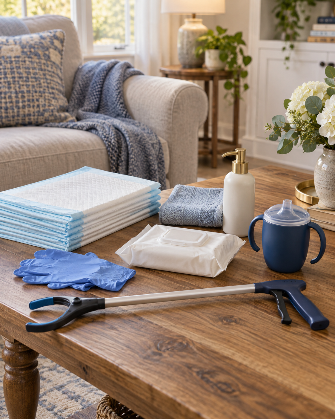 A wooden table with cleaning supplies including disposable diapers, a pack of wipes, cleaning gloves, a spray bottle, and sanitizer, in a living room with a sofa, blanket, and decorative items in the background.