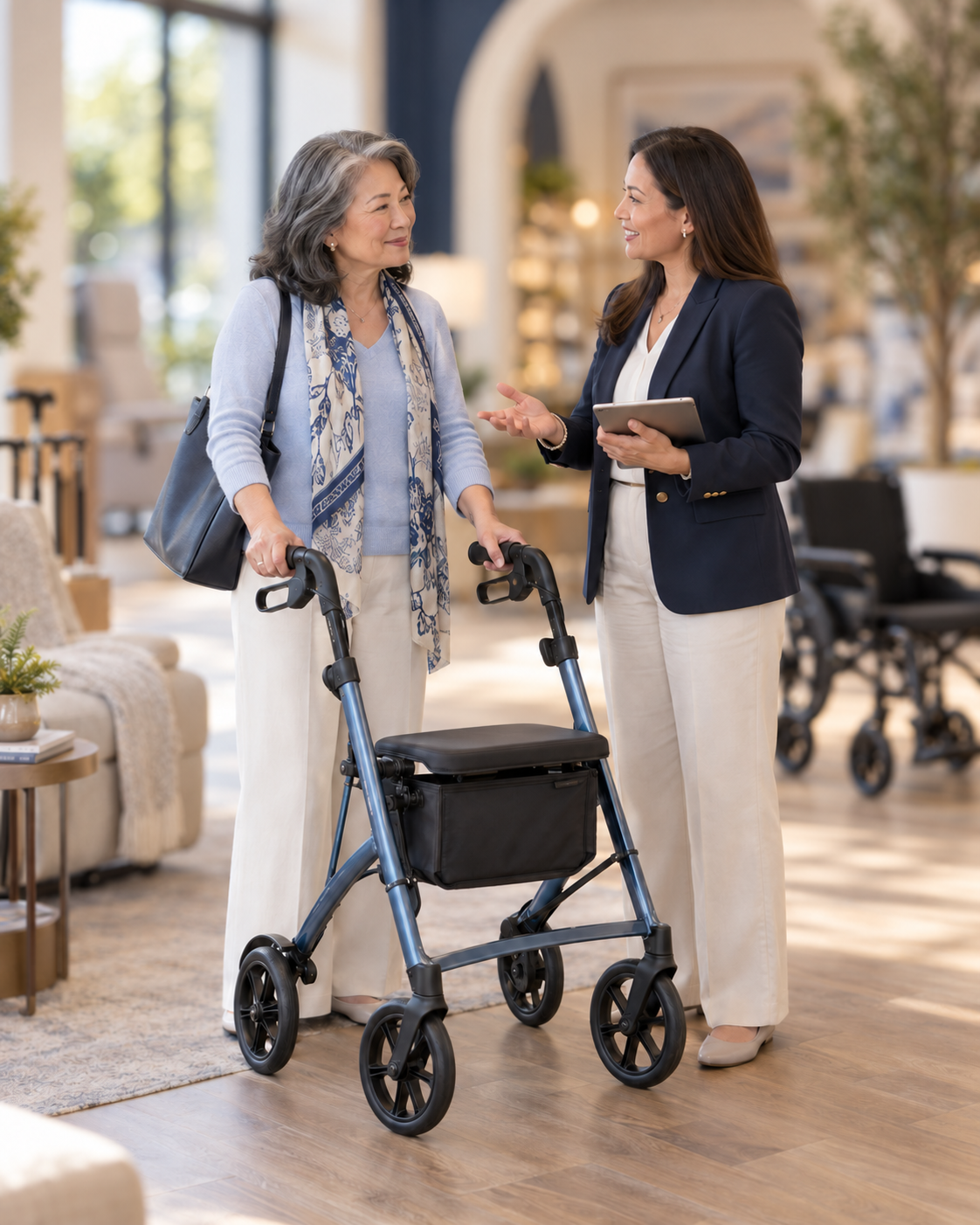 A woman with gray hair using a walker is having a conversation with a woman in a navy blazer holding a tablet, indoors with wheelchairs and cozy furniture in the background.