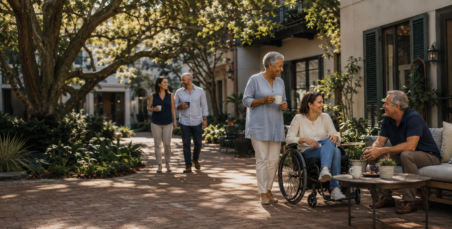 People socializing outdoors on a sunny day, including an elderly woman with grey hair holding a mug, a young woman in a wheelchair smiling, and a man sitting on a sofa holding a mug, while two others walk in the background.
