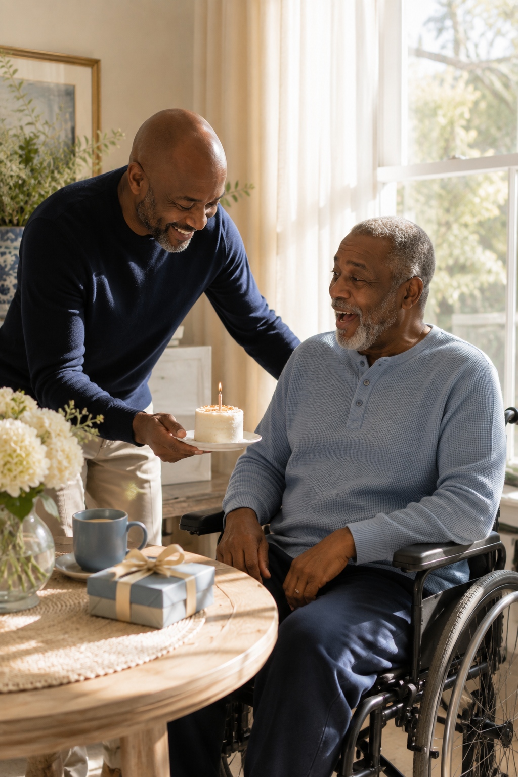 A man in a wheelchair celebrating with another man holding a birthday cake with a lit candle, smiling and enjoying the moment.