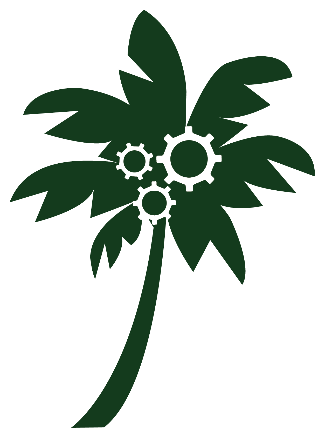 Pines Optimization logo - a palm tree with 3 gears for leaves