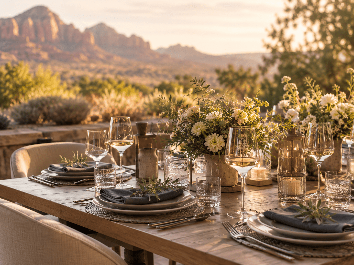 Elegant outdoor table set with flowers and glassware at sunset, creating an intimate setting for private dining events, rehearsal dinners, and special dining events in Utah.