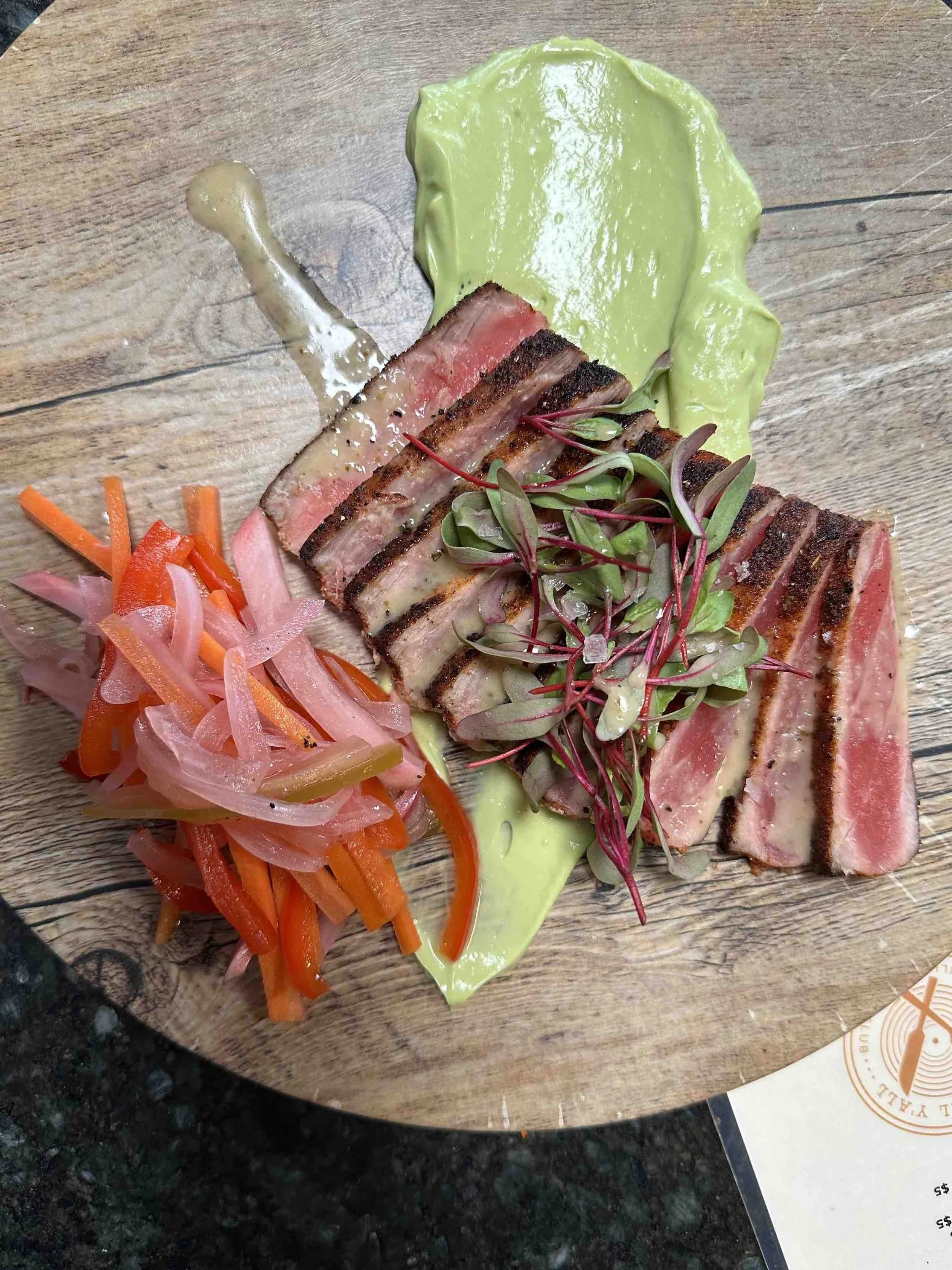 Seared rare tuna with avocado purée, pickled vegetables and microgreens, prepared by a private chef Hurricane Utah serving the private chef Greater Zion area.