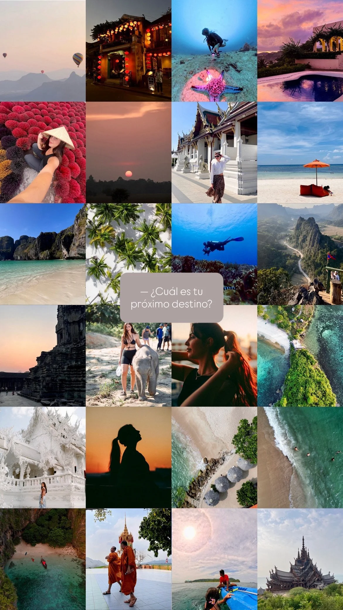 Una colección de fotos de diferentes destinos turísticos y naturales, incluyendo playas, templos, aldeas, montañas, y actividades acuáticas, con una pregunta en el centro que dice '¿Cuál es tu próximo destino?'.