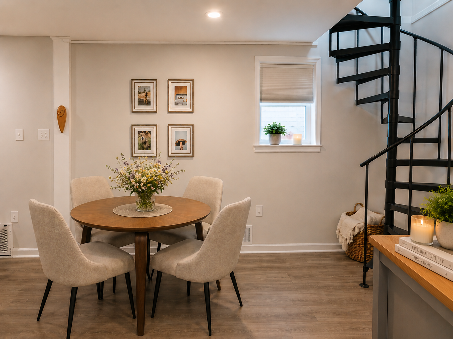 A cozy dining area with a round wooden table surrounded by four beige upholstered chairs, a flower arrangement in a glass vase on the table, a window with a potted plant and candle, a staircase with black railing, and wall art including four framed p