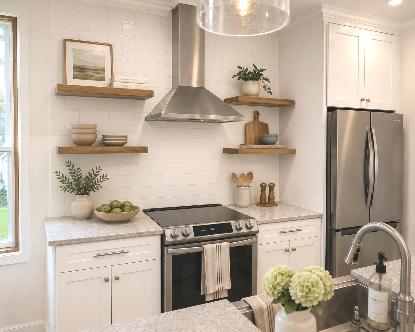 A modern kitchen with white cabinets, a stainless steel refrigerator, a stove with a towel hanging on the oven handle, and open wooden shelves holding bowls, books, a cutting board, and a potted plant. A vase with green leaves, a bowl of artichokes, 