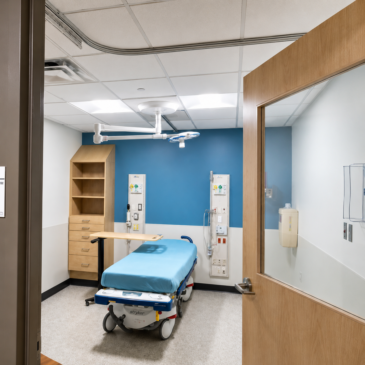 Empty hospital room with a blue wall, hospital bed with blue bedding, medical equipment and storage cabinets.