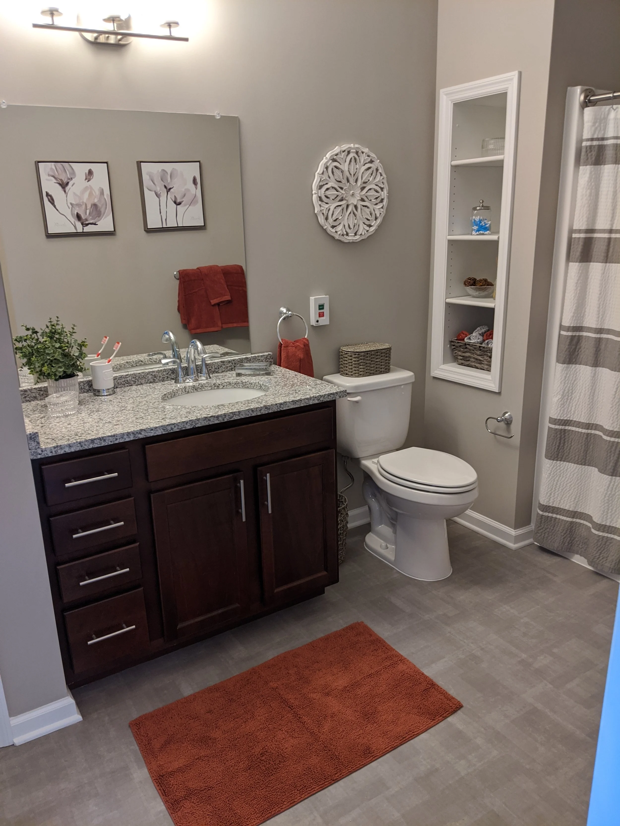 A bathroom with a granite countertop vanity, a mirror, framed wall art, a towel rack with towels, a toilet with a wicker basket on top, built-in shelves with decorative items, and a shower curtain. An orange rug is on the floor in front of the vanity