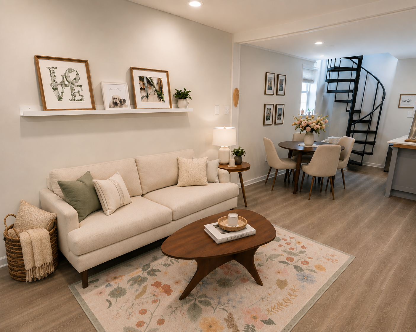 Living room with off-white sofa, wooden coffee table, and patterned area rug, beige dining table with chairs, spiral staircase, and wall art and photos.