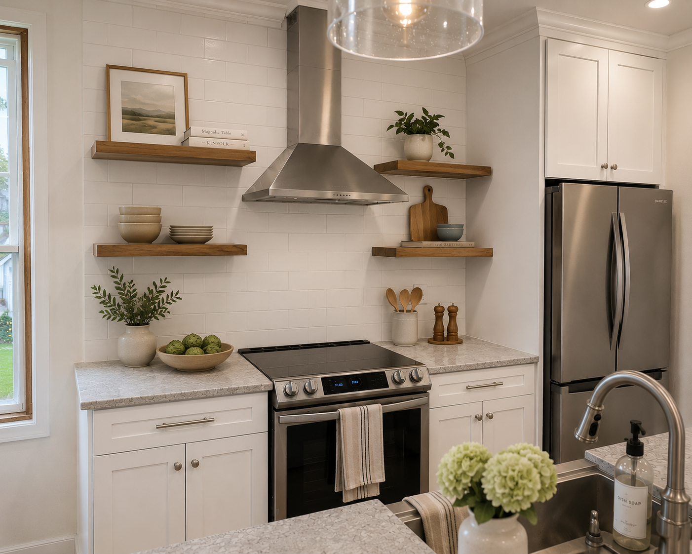 Modern kitchen with white cabinets, stainless steel refrigerator, black stove, marble countertops, open wooden shelves with bowls, books, and decor, potted plants, and a window with a view of greenery.