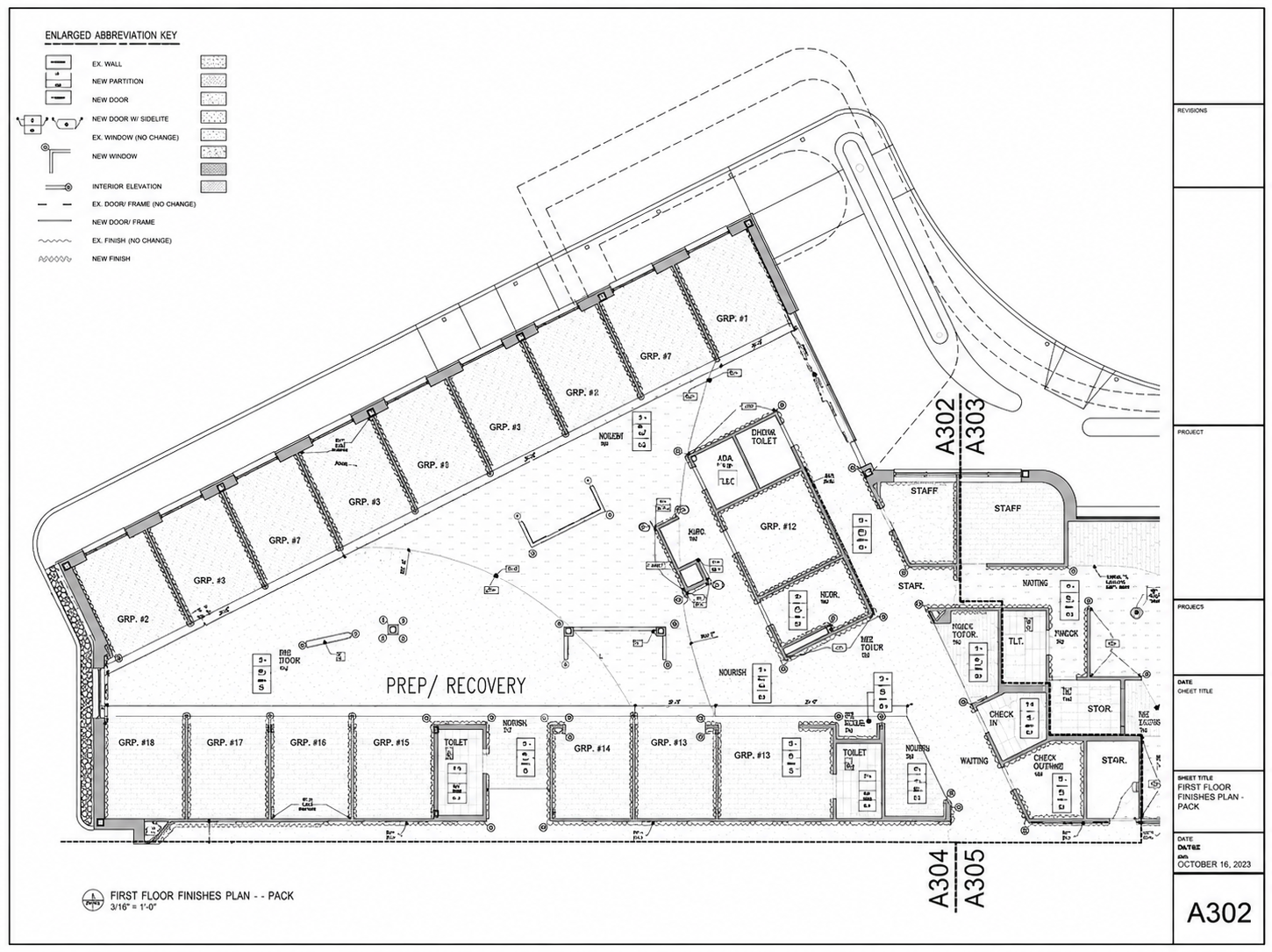 Architectural blueprint of a building's first floor layout, including various rooms, storage areas, restrooms, and designated zones, with annotations and labels for construction and design details.