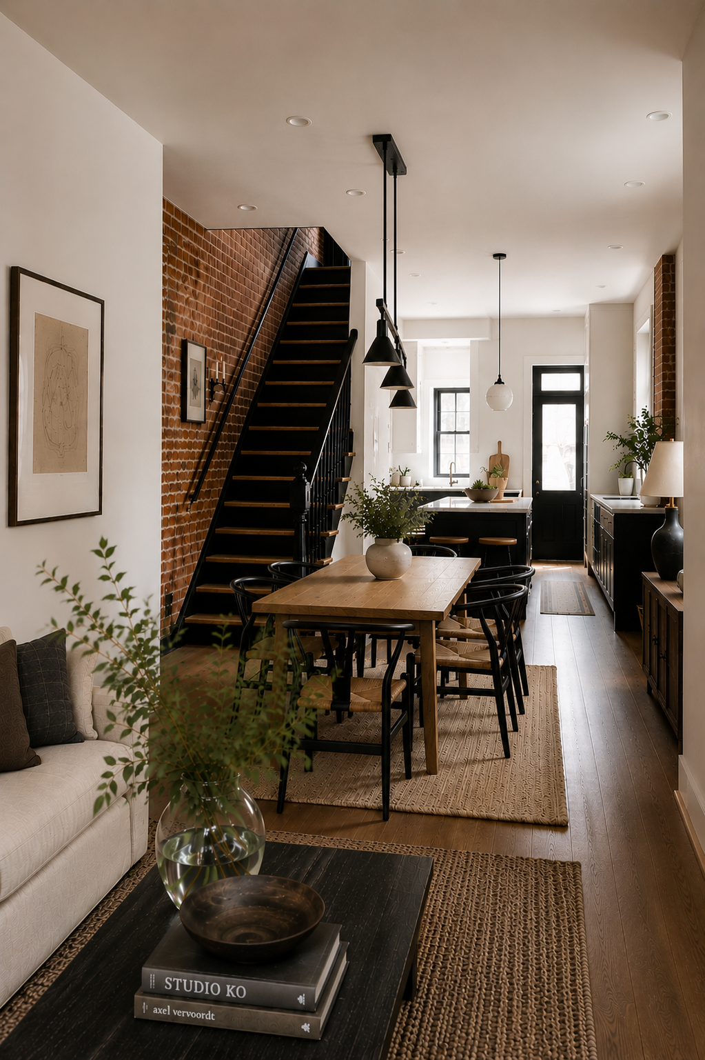 Interior of a modern, rustic dining area with a wooden dining table, black chairs, a neutral-colored sofa, potted plants, and a staircase with black railing against an exposed brick wall. The space features natural light from windows and a door, with minimalist decor and lighting fixtures.