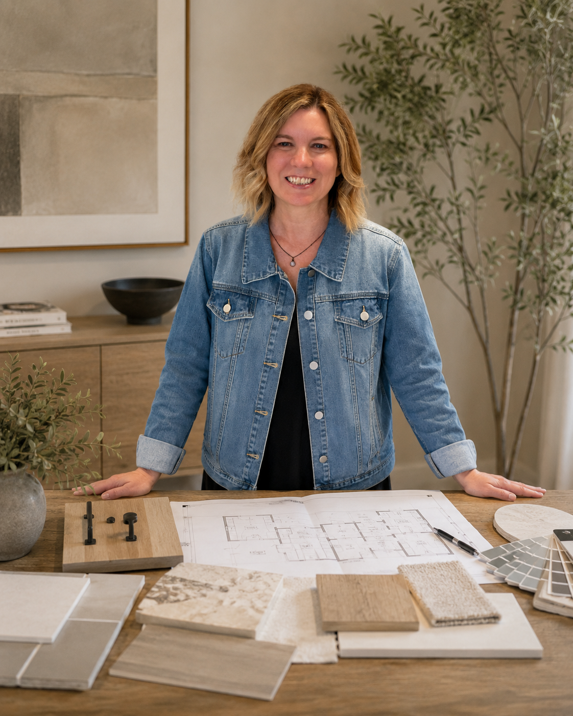 A woman with blonde hair smiling and standing behind a table with architectural blueprints, fabric samples, and color swatches, in a room with plants and framed artwork.