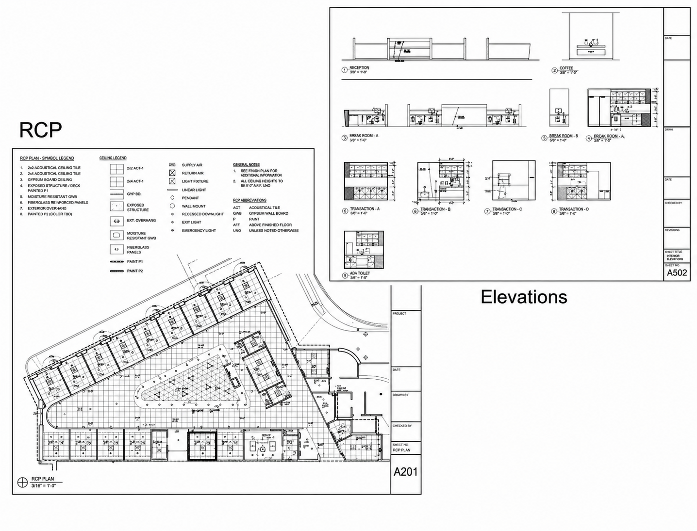 Architectural blueprint of a building floor plan, including elevations, structural details, room layouts, and symbol legend for construction specifications.