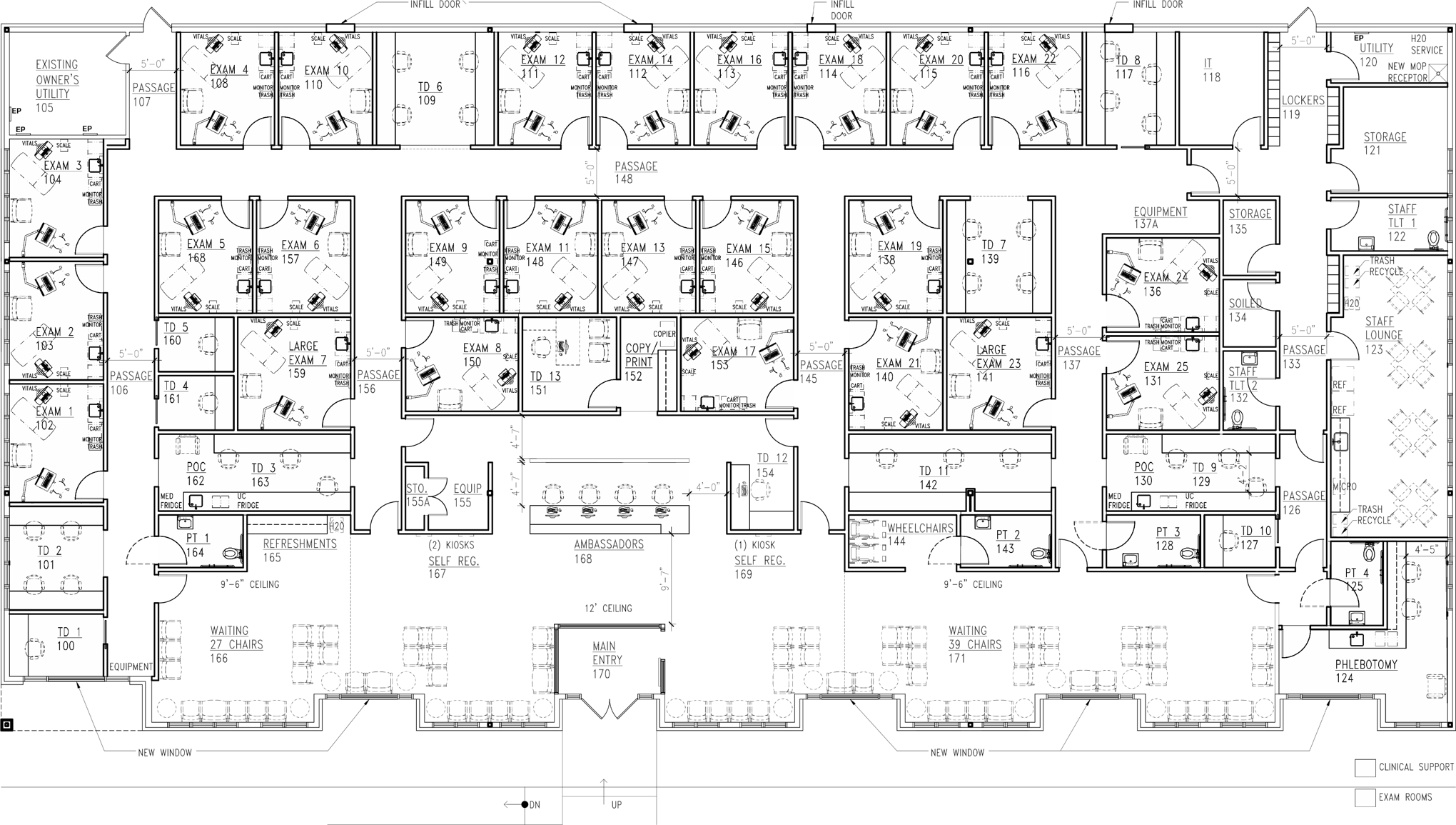 Floor plan of a medical or examination facility with multiple rooms labeled for exams, exams with large and small designations, and technical rooms like POC, PT, and TD. The layout includes chairs, desks, and medical equipment symbols.