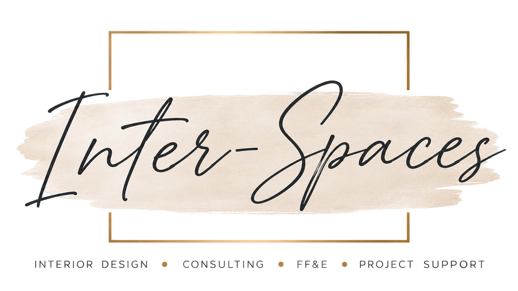 Logo for 'Inter-Spaces' featuring a beige torn paper background with black cursive text, and a colorful bar with icons representing services like interior design, consulting, free services, project, and support.