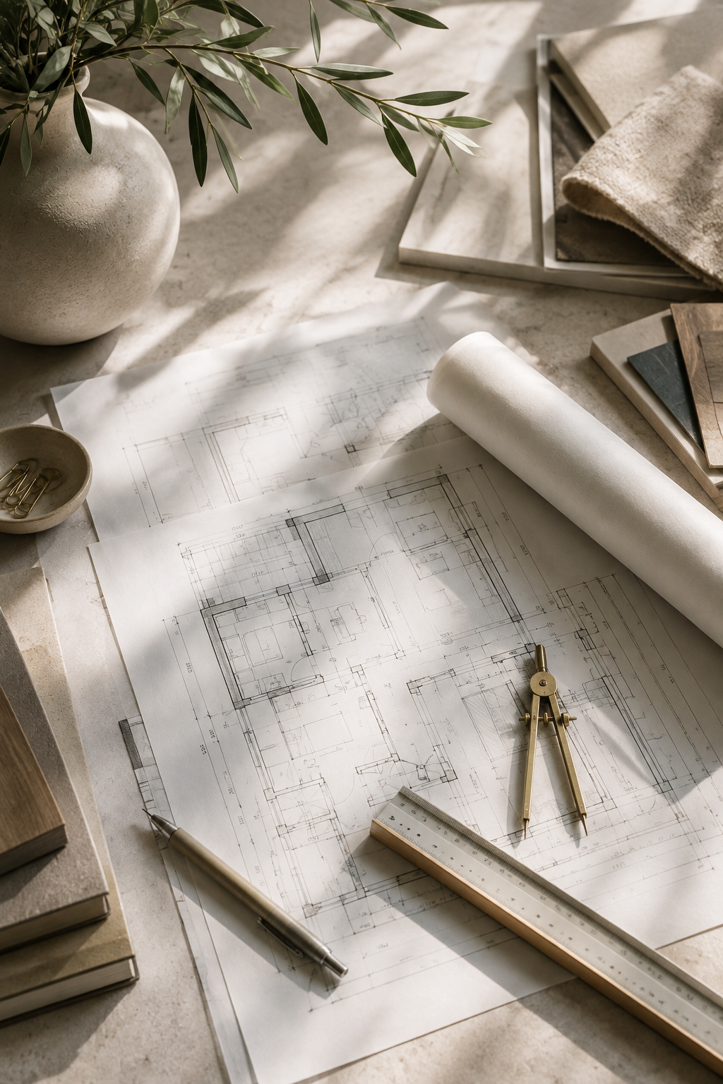 Architectural blueprints with drawing tools, a ruler, and a compass on a workspace with a vase, books, fabric samples, and a plant.