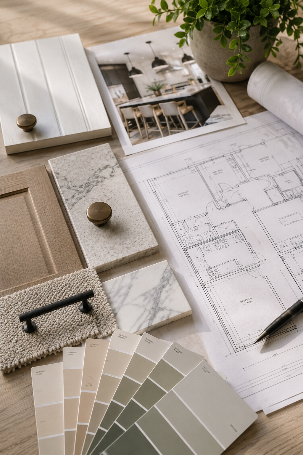 Interior design planning materials including fabric swatches, color samples, a printed kitchen interior photo, architectural blueprints, and design drawings, with a potted plant on a wooden surface.