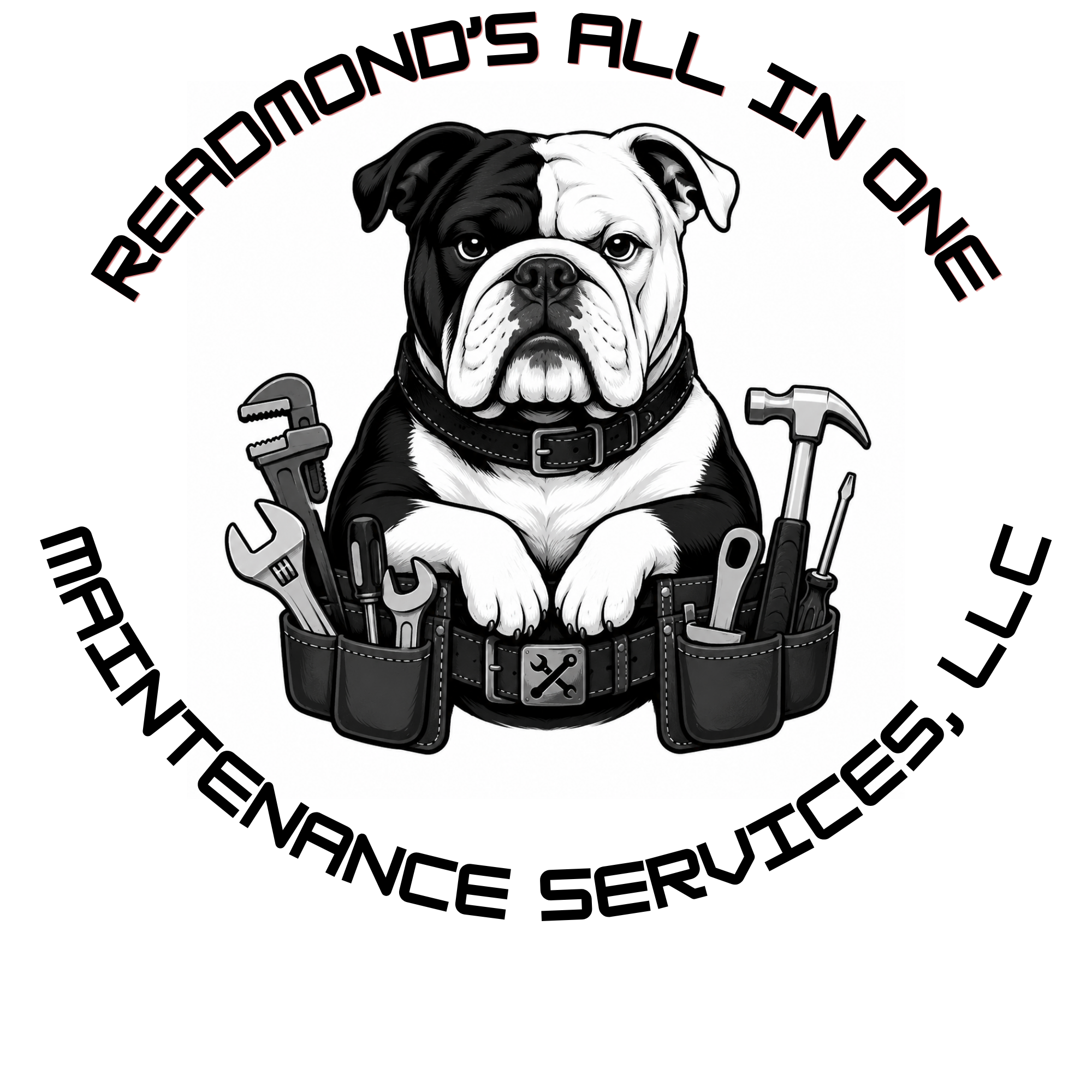 Black and white illustration of a bulldog with tools around it and a circular text reading 'Recondition's All In One' and 'Service'.