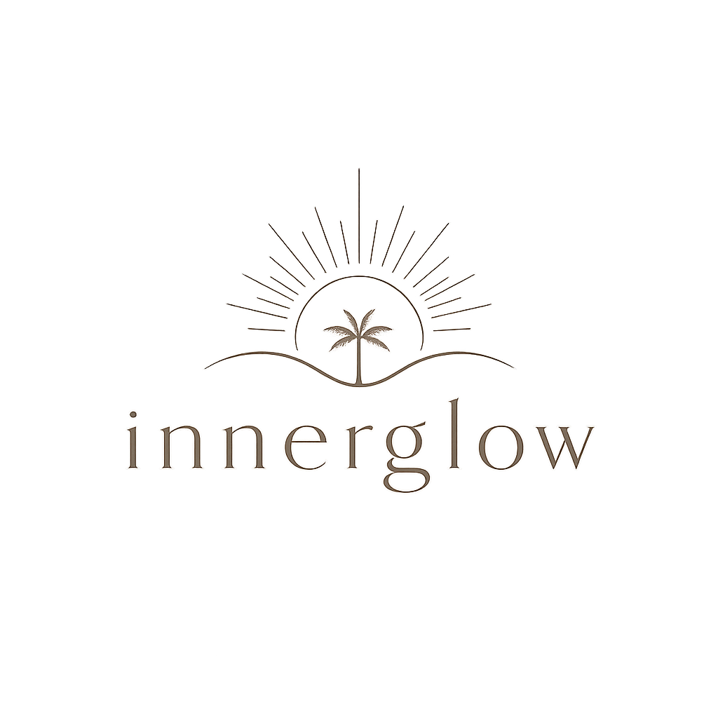 A black background with a white logo featuring a sunset over a hill, a palm tree, and the word 'innerglow' written below.