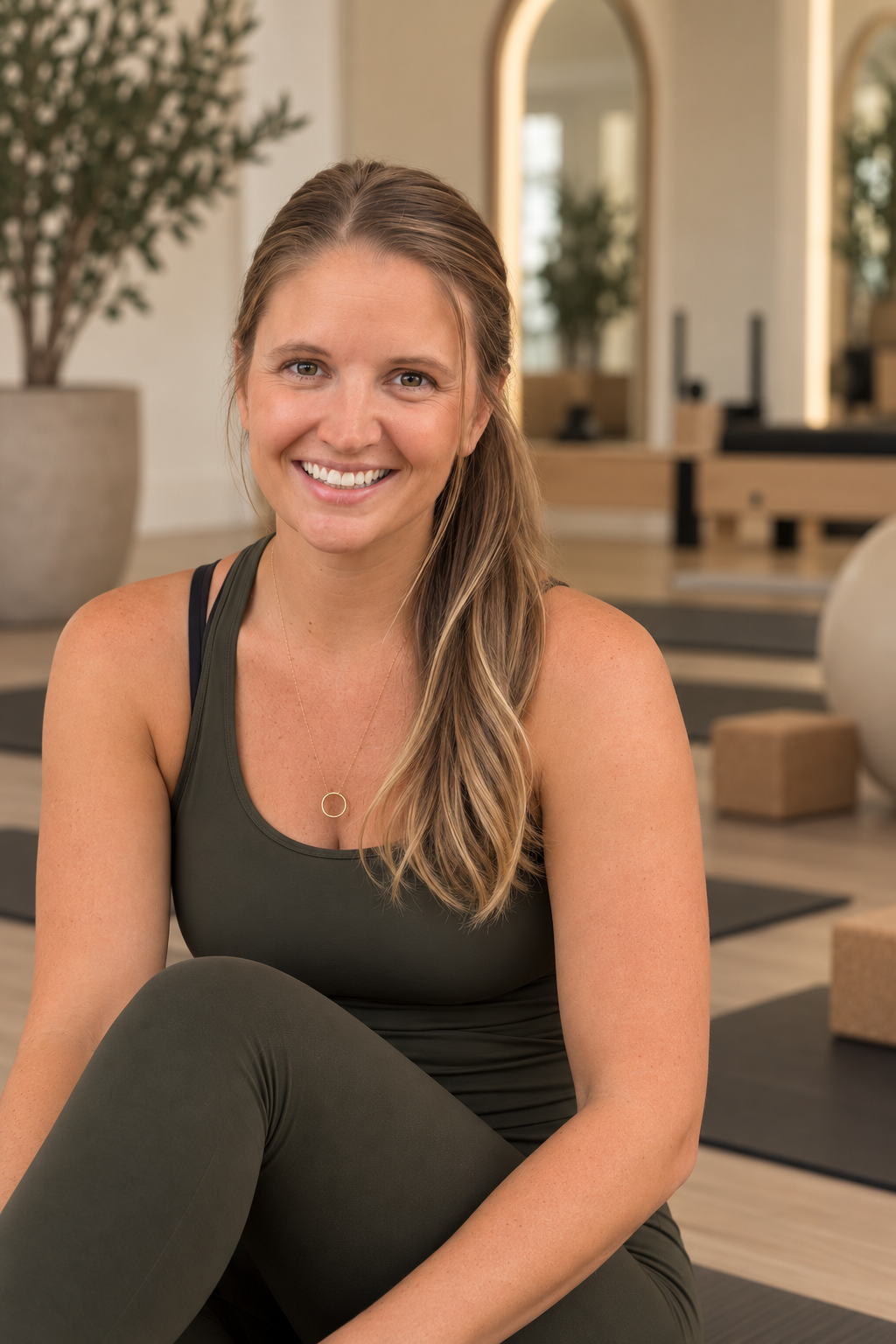 A woman smiling in a yoga class, sitting on the floor in a yoga studio with yoga mats, blocks, and plants in the background.