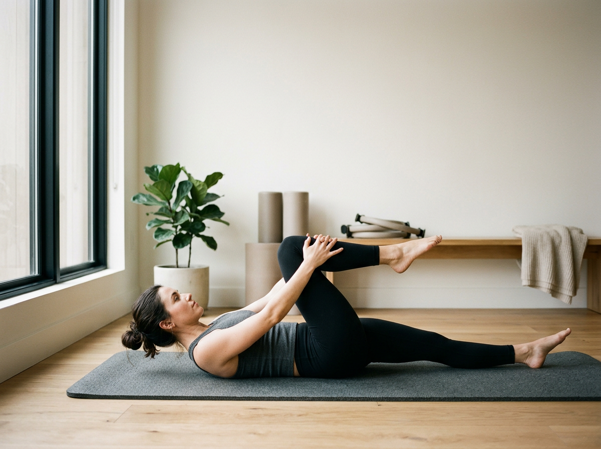 Woman practicing yoga or stretching on a mat in a room with large window and indoor plants