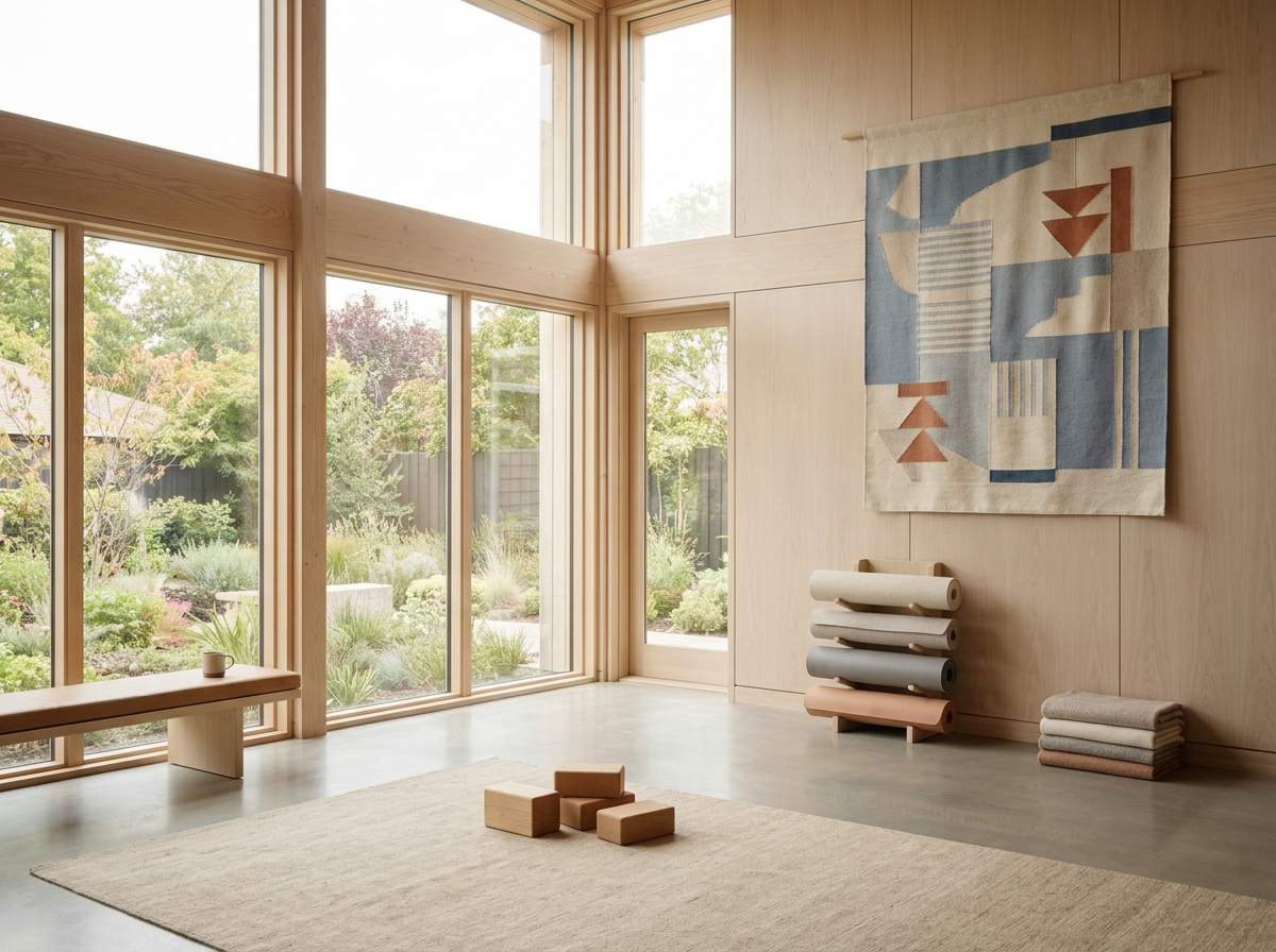 Sunlit yoga room with large windows, minimalist decor, a hanging textile art, foam rollers, folded towels, wooden blocks, and a bench.