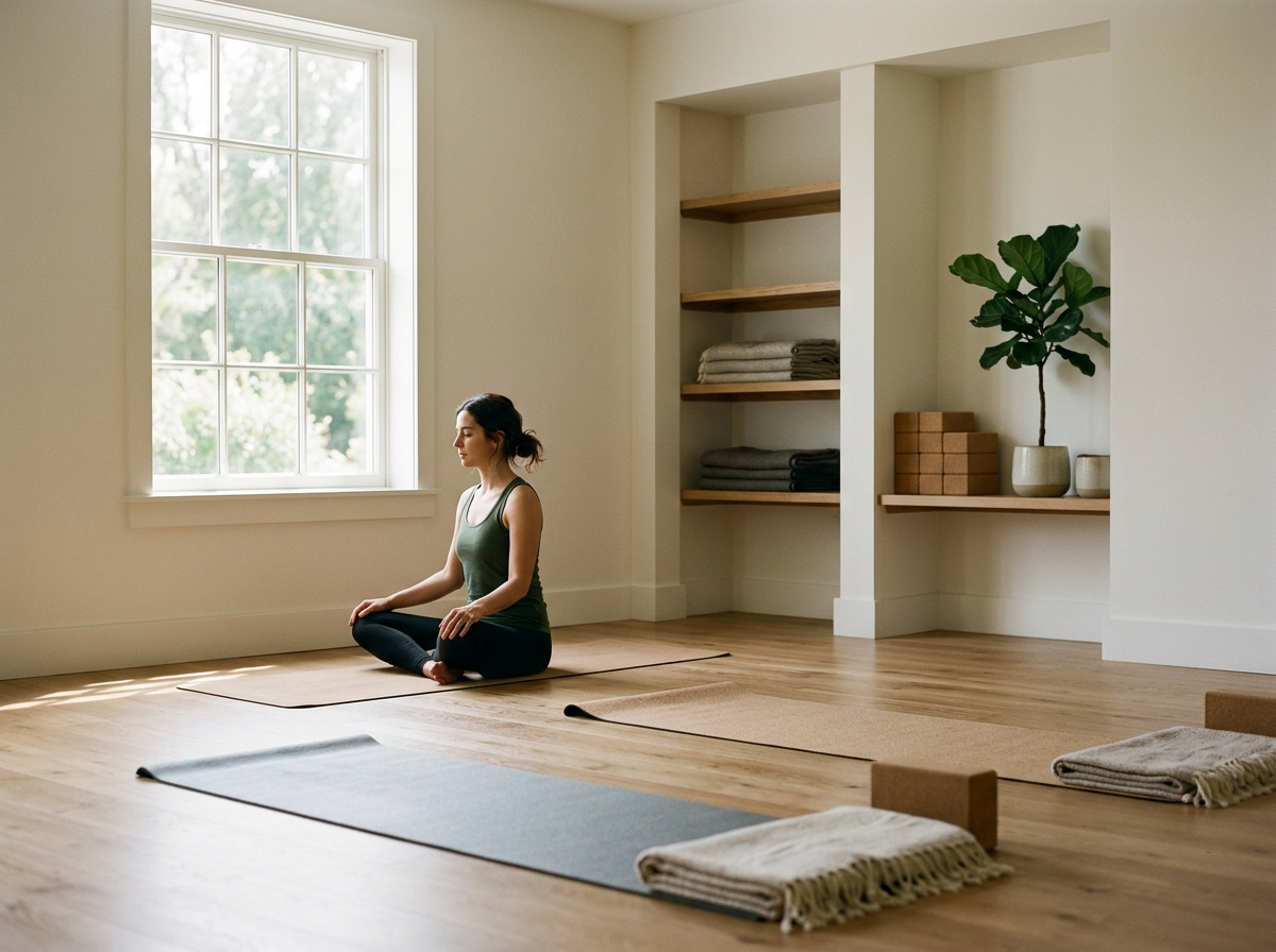 A woman practicing yoga in a bright, minimalistic room with large window, wooden floors, and shelves with folded towels, potted plant, and wooden cubes.