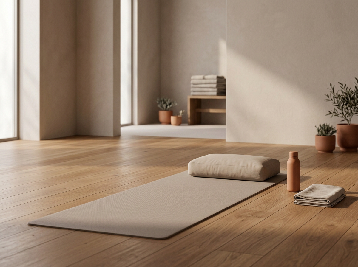 Yoga mat with a bolster, water bottle, and towel in a sunlit minimalist room with potted plants and wooden floors.