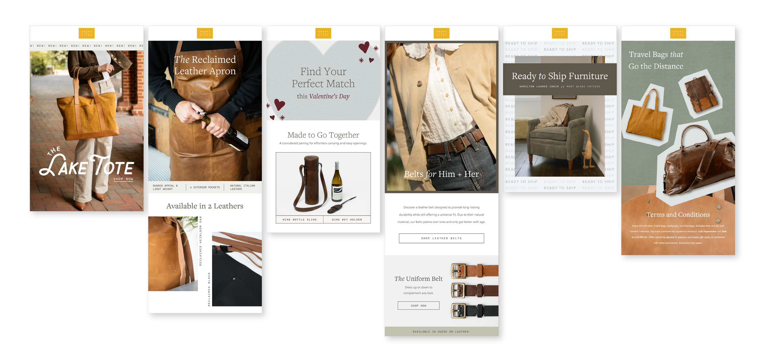 Six digital mockups showcasing email designs for Moore & Giles.