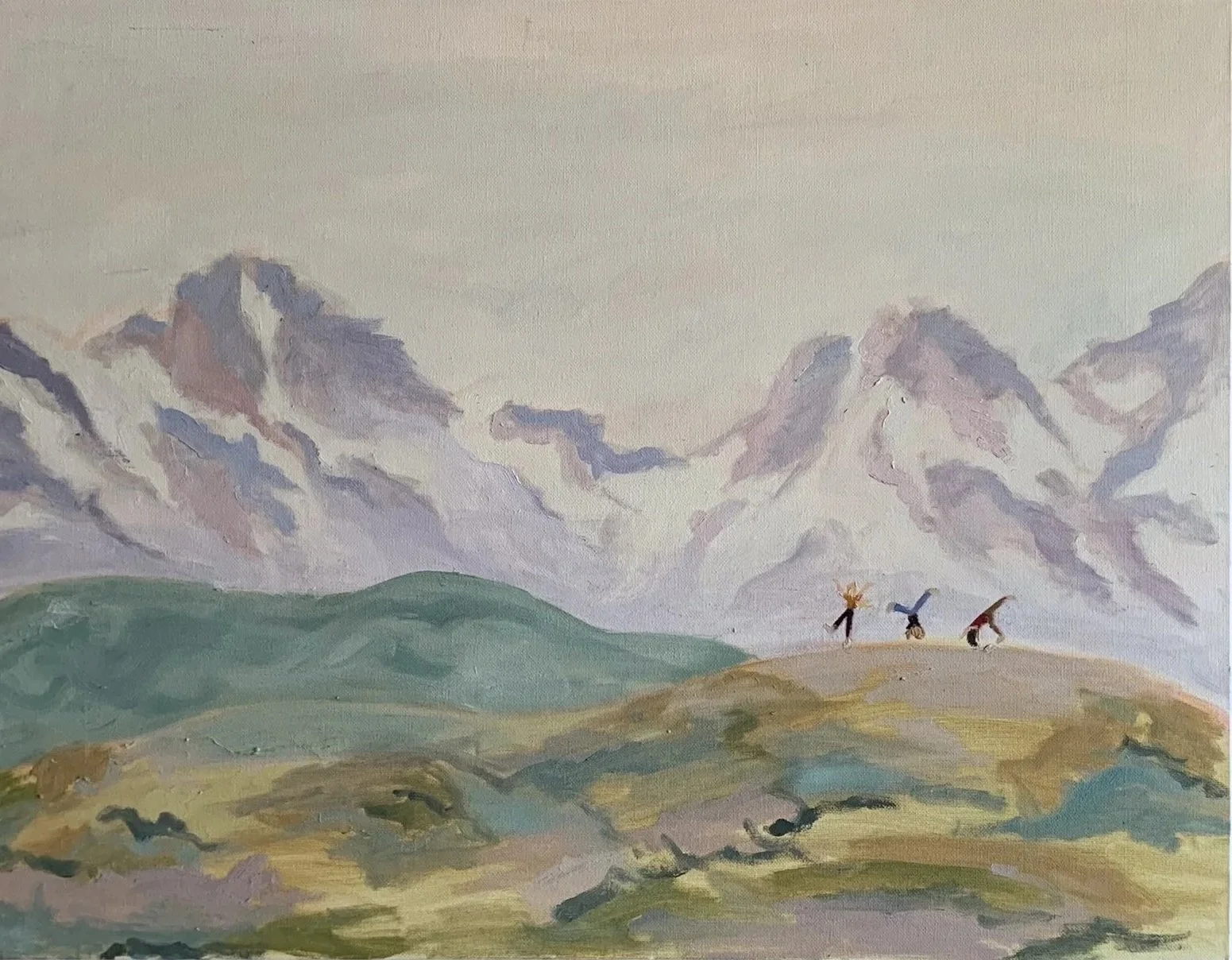 A landscape painting featuring mountains with snow, green hills, and a sky. Three people are doing cartwheels on a hill in the foreground.