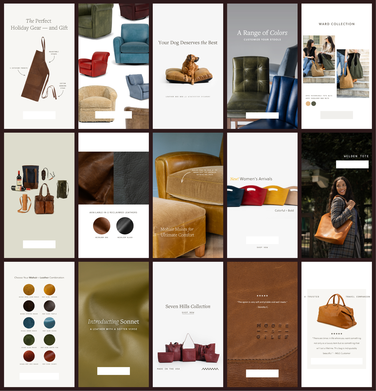 A collage of instagram story designs, featuring Moore & Giles finished goods.