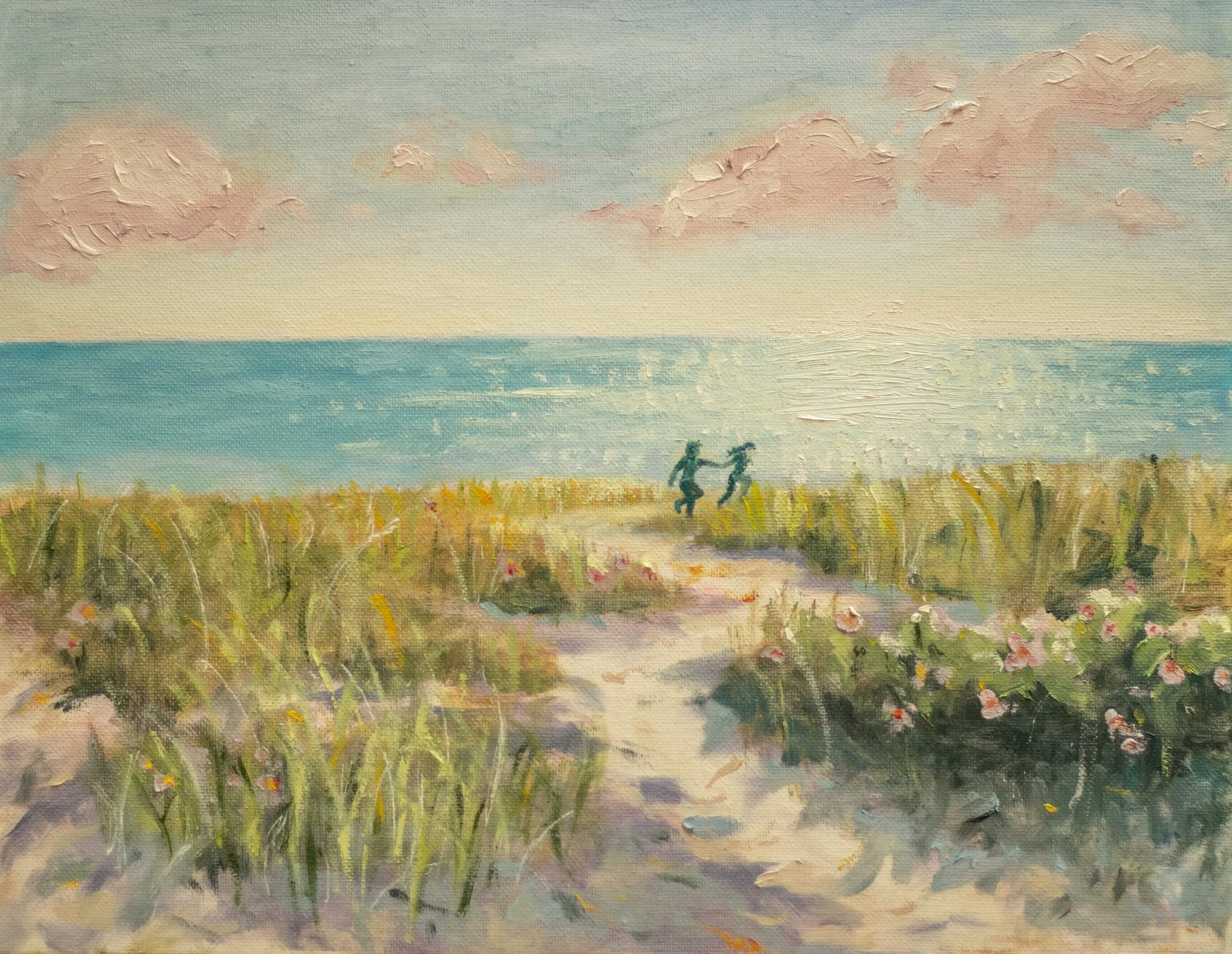 An oil painting of a Florida beach landscape showing two people holding hands running through the dunes toward the ocean.