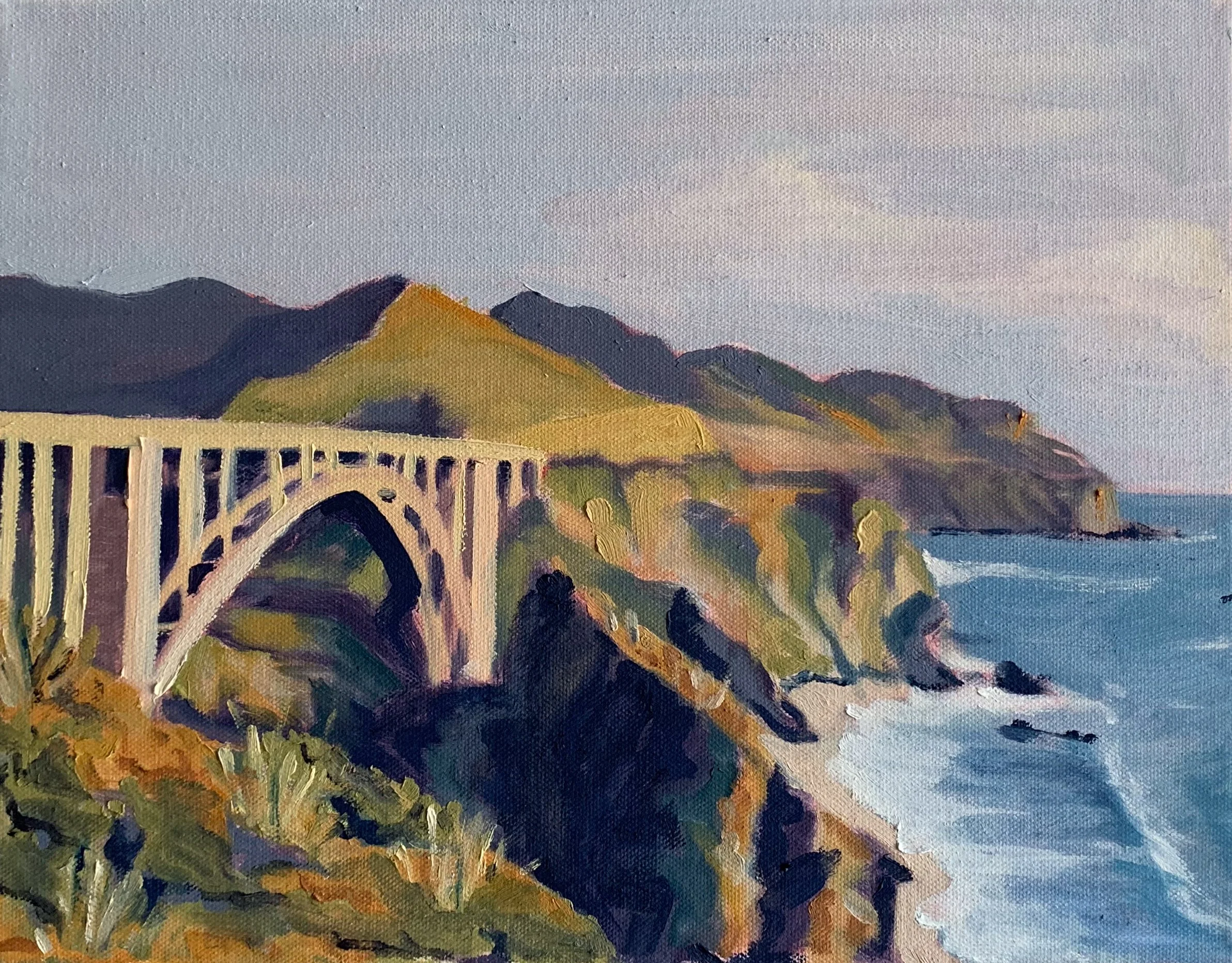 An oil painting of a Bixby Bridge in Big Sur, California.