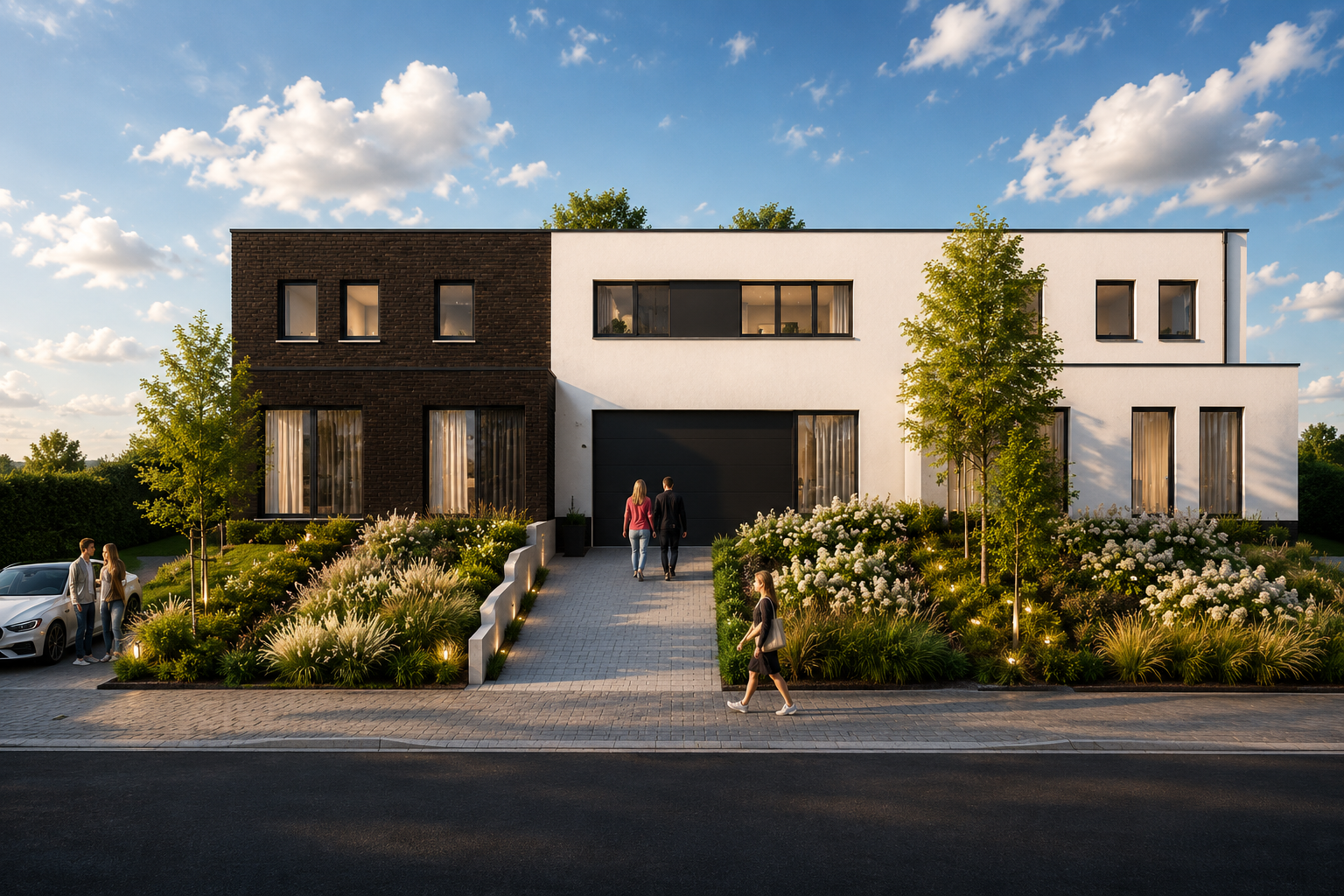 Modern two-story house with white and dark brick exterior, large windows, landscaped garden with greenery and flowers, sidewalk, and trees, on a sunny day with blue sky and scattered clouds.
