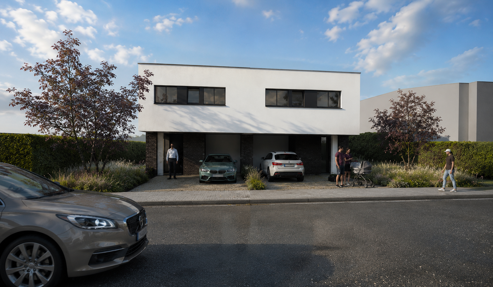Modern two-story house with two cars parked in the driveway, trees and shrubs in the front yard, people walking on the sidewalk, and a man standing near the garage.