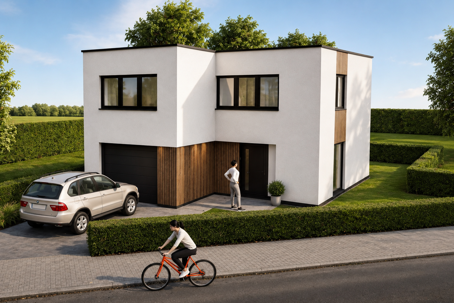 Modern white two-story house with black trim and wooden accents, parked car, woman entering the house, a person riding a bicycle, and landscaped yard under a clear sky.