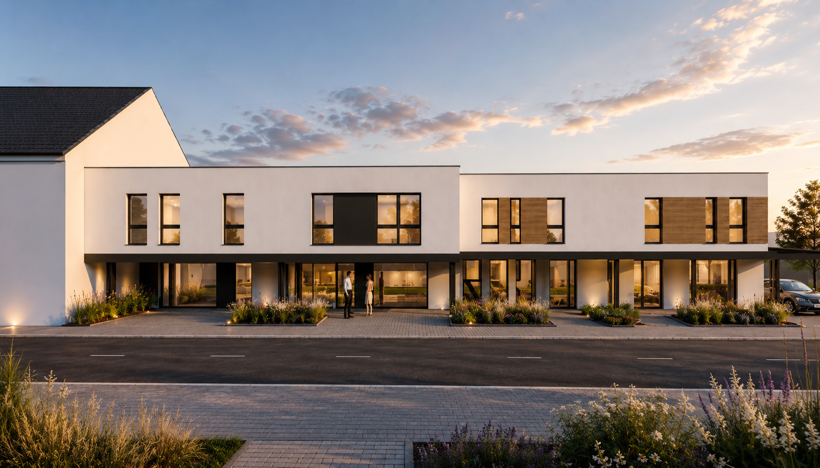 Modern multi-story building with white walls, large windows, and wooden accents, illuminated by exterior lights at sunset, with landscaped plants in front and parked cars nearby.