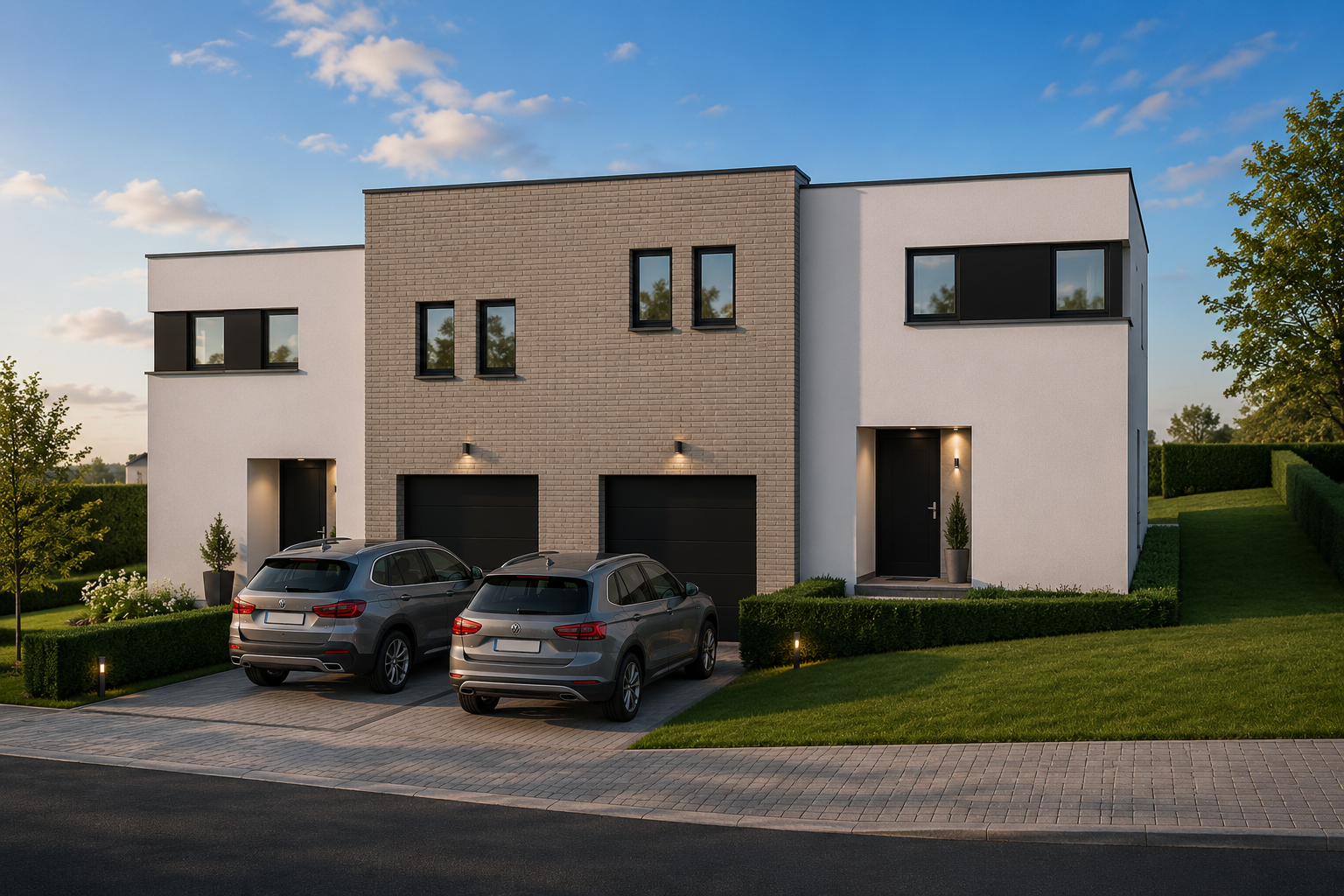 Modern twin-home duplex with two cars parked in driveway, minimalist landscaping, and a clear evening sky.