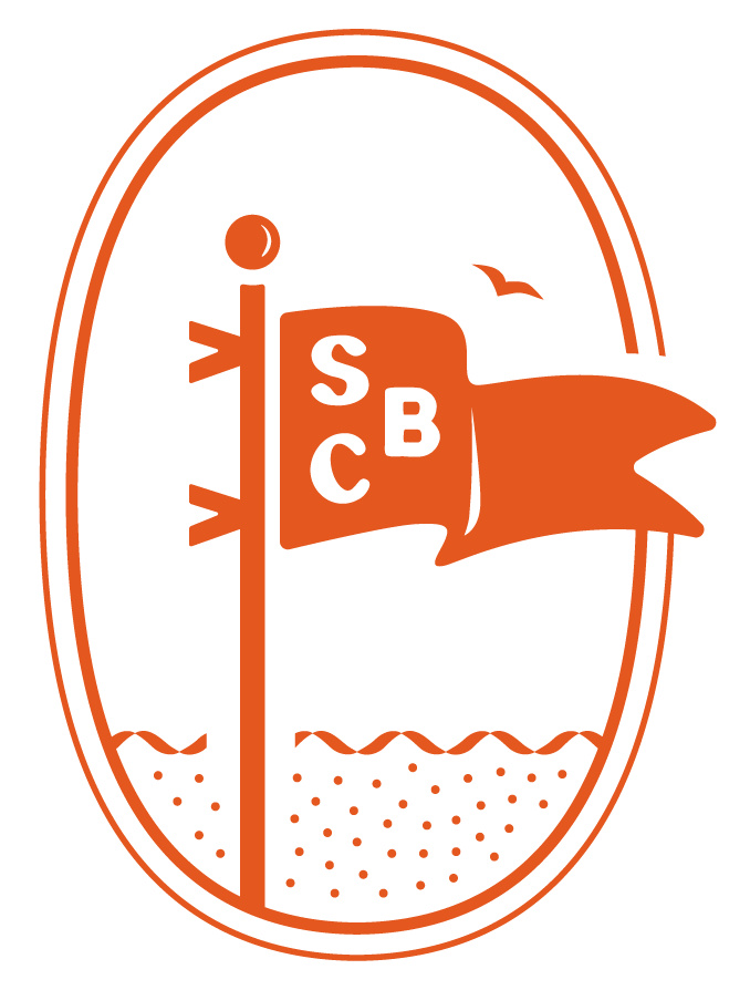 An orange and black emblem featuring a flag with the initials SBC, a bird, and waves.