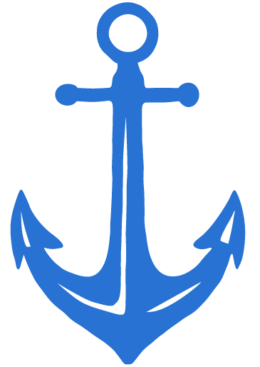 Blue anchor illustration with a circular ring at the top and two curved flukes at the bottom.