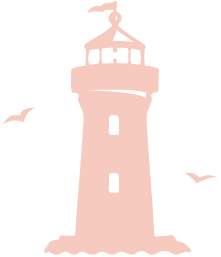 Pink lighthouse with two seagulls flying nearby.
