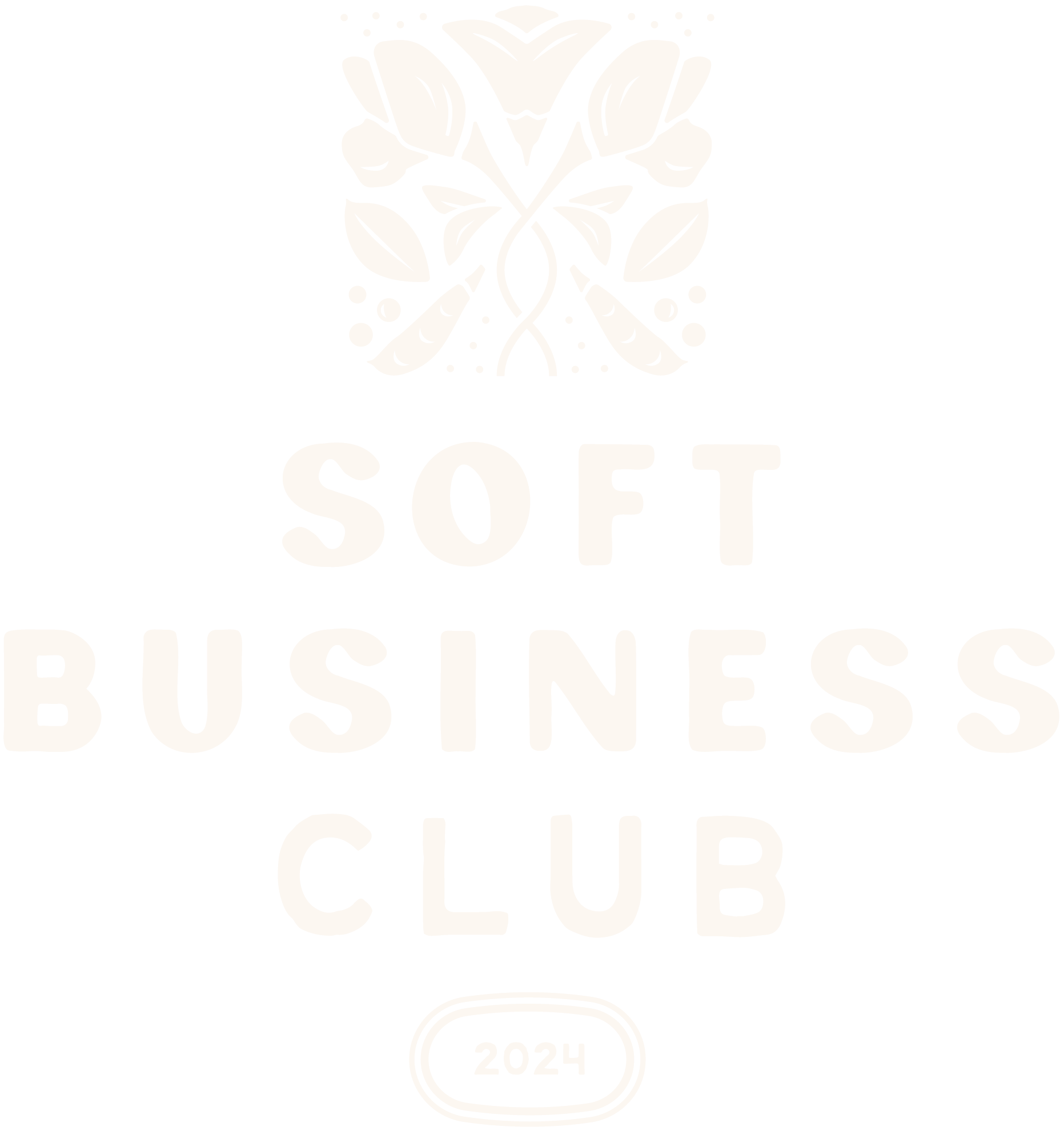 A logo with a white floral design and the words "Soft Business Club" underneath, with the year "2024" inside an oval at the bottom.