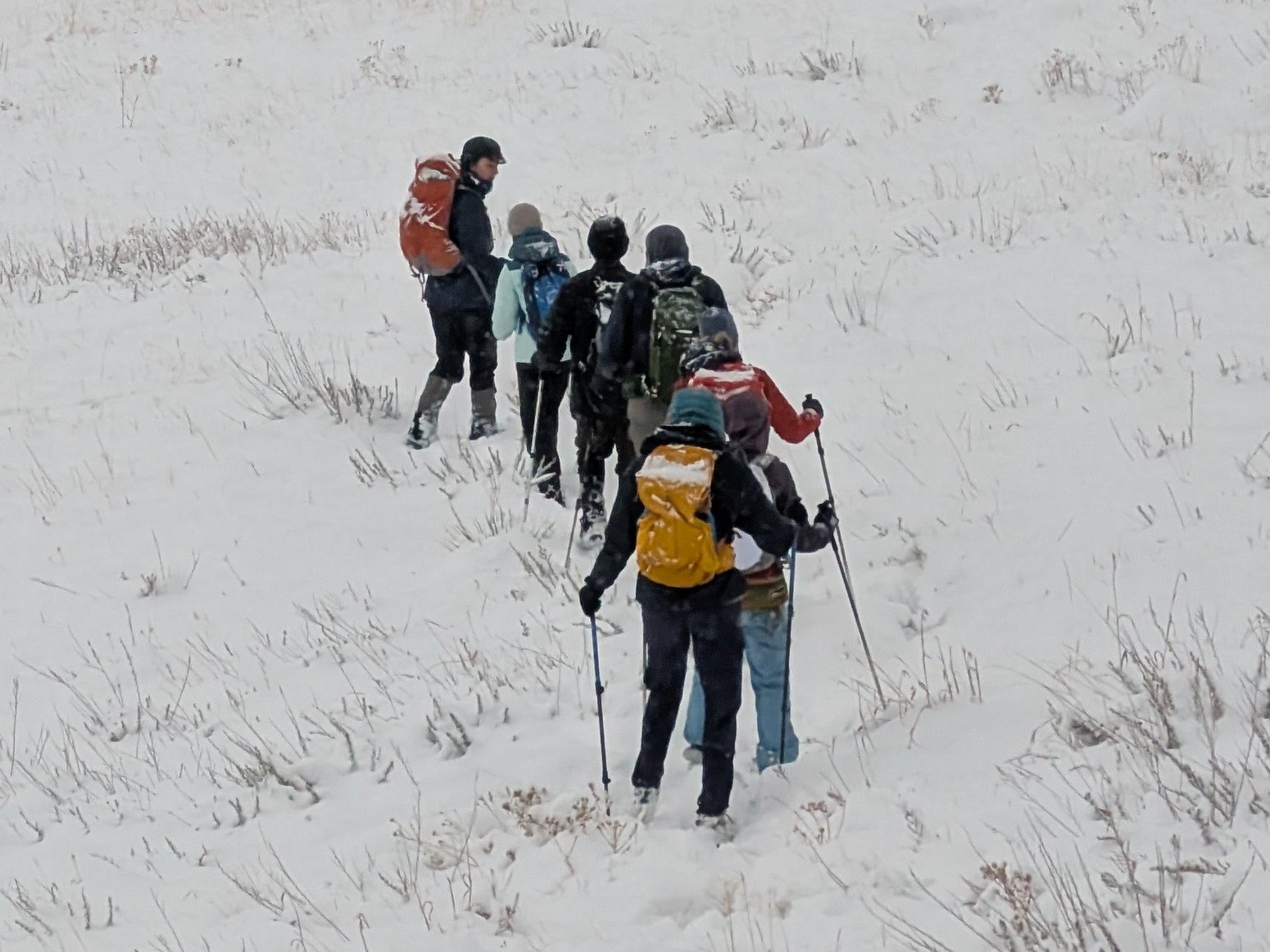 A small group hiking together down a snowy hillside