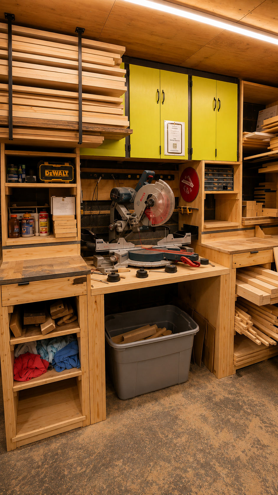 Woodworking workshop with a Bosch sliding miter saw on a custom wooden workbench, surrounded by storage cabinets, shelves with wood pieces, wood stains, and tools.