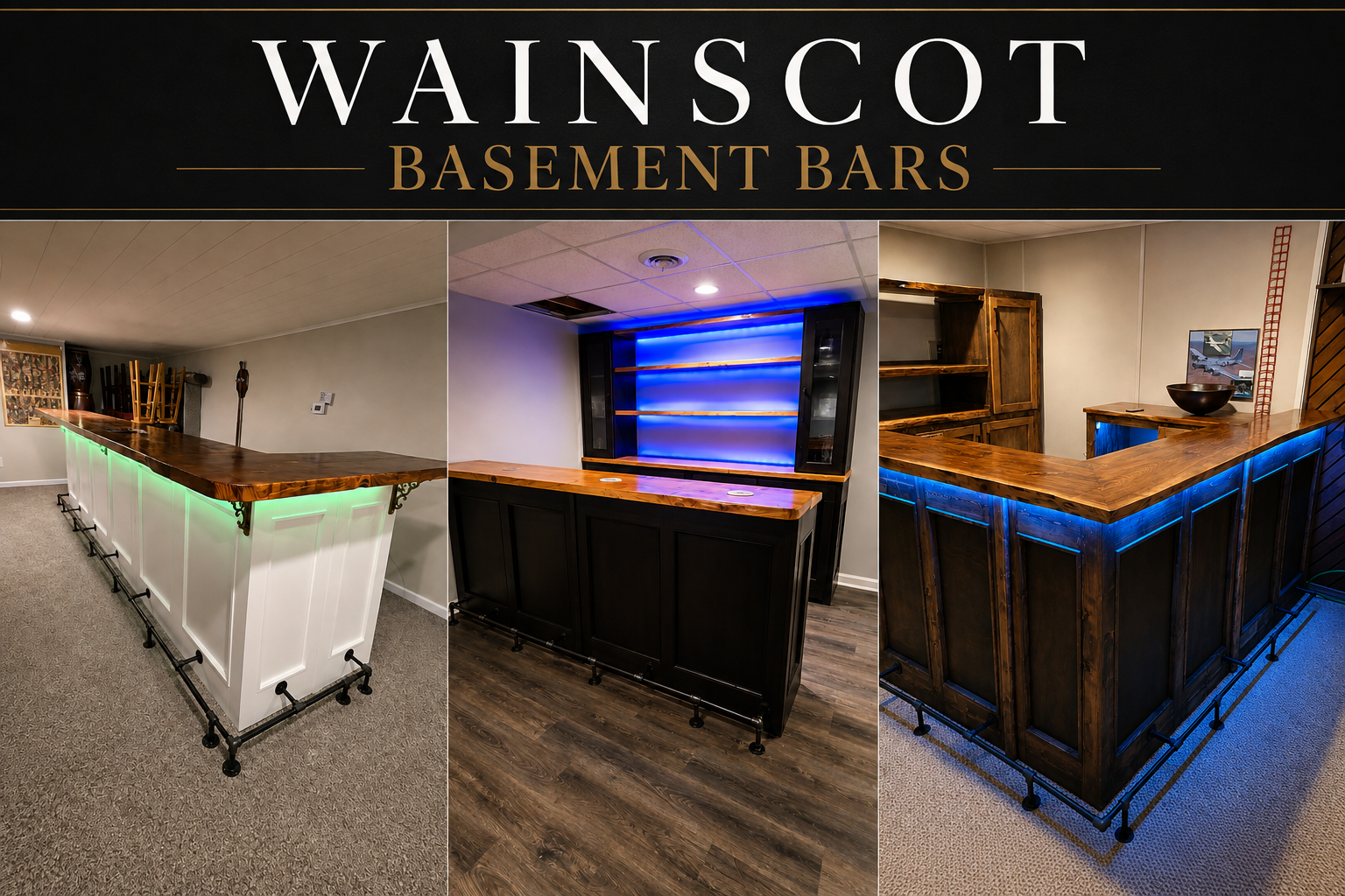 Three different basement bars with wood and LED lighting, shown in a collage.