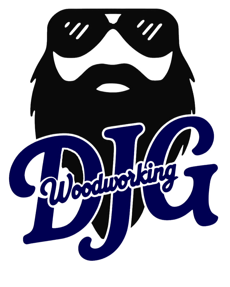 Logo with a stylized bearded man wearing sunglasses and the text 'DJ Woodworking' in blue.
